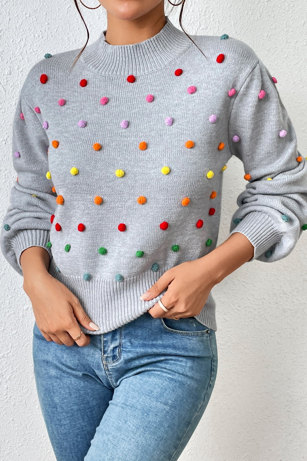 pom-pom trim mock neck long sleeve pullover sweater