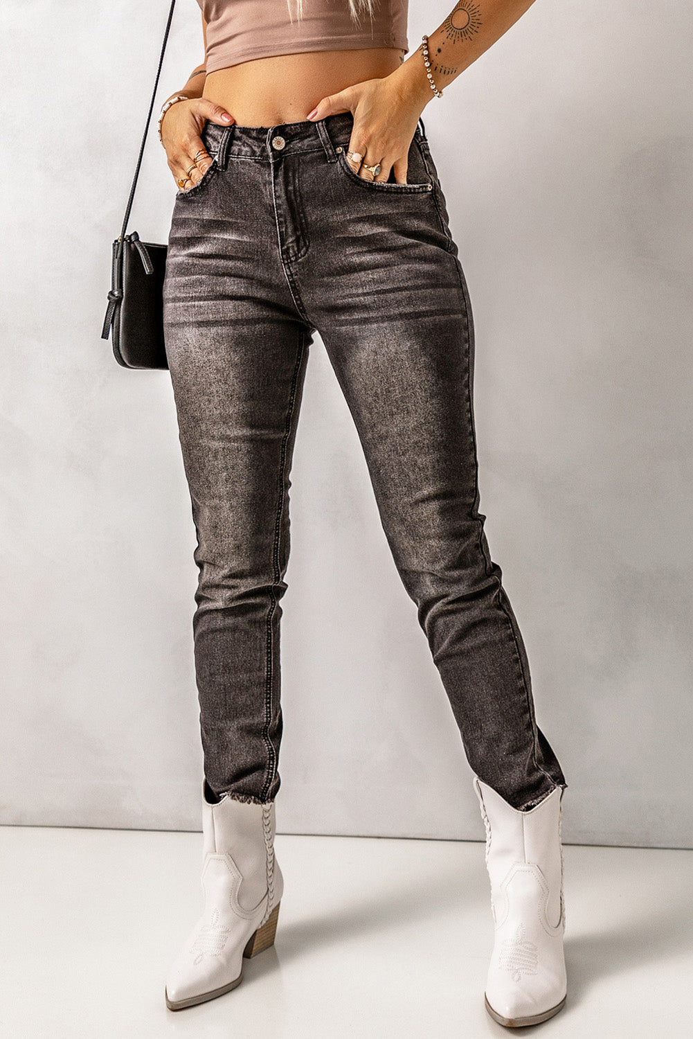 high waist raw hem skinny jeans