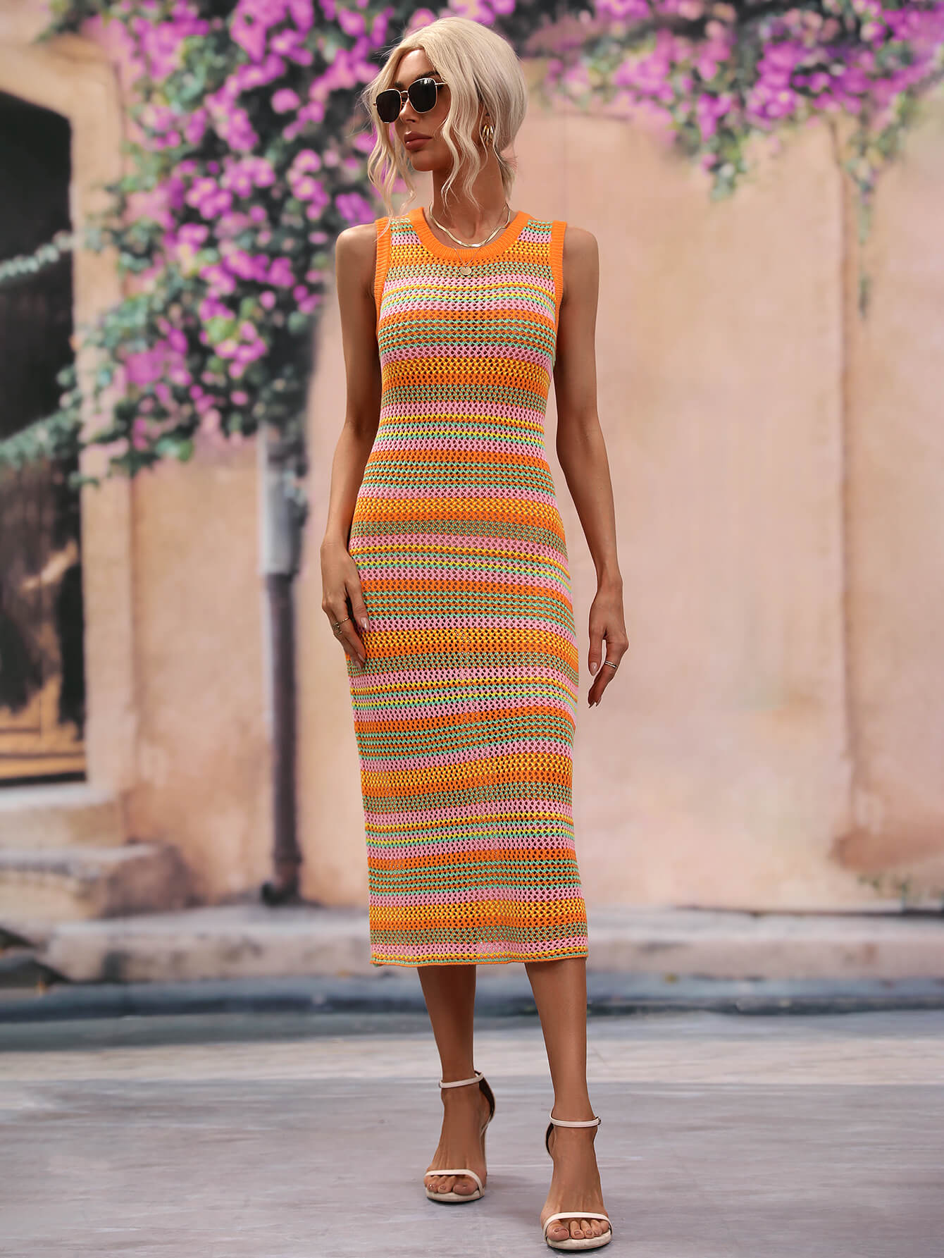 striped round neck sleeveless midi cover up dress