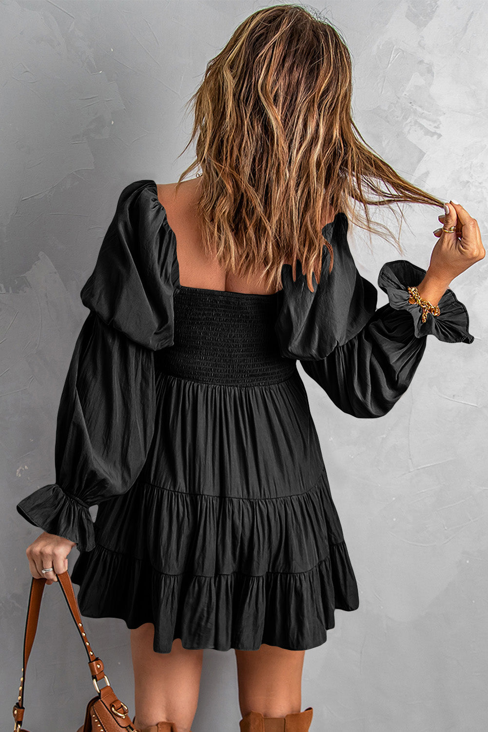 smocked off-shoulder tiered mini dress