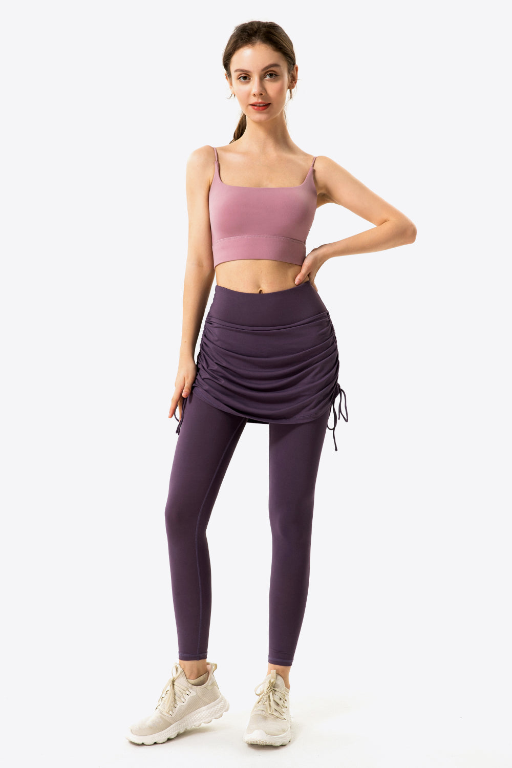 drawstring ruched faux layered yoga leggings