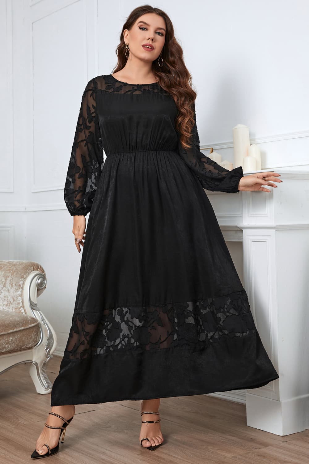 melo apparel plus size embroidery round neck long sleeve maxi dress