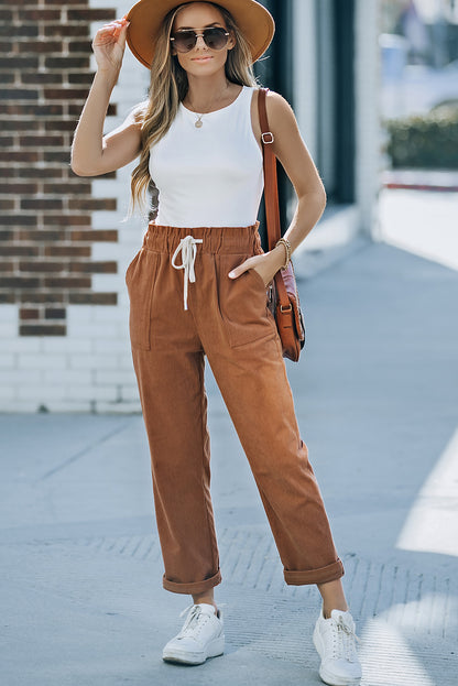 Drawstring Waist Corduroy Pants with Pockets