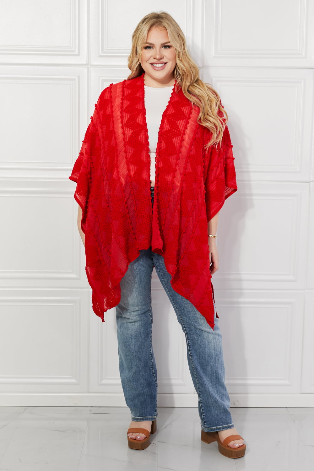 justin taylor pom-pom asymmetrical poncho cardigan in red