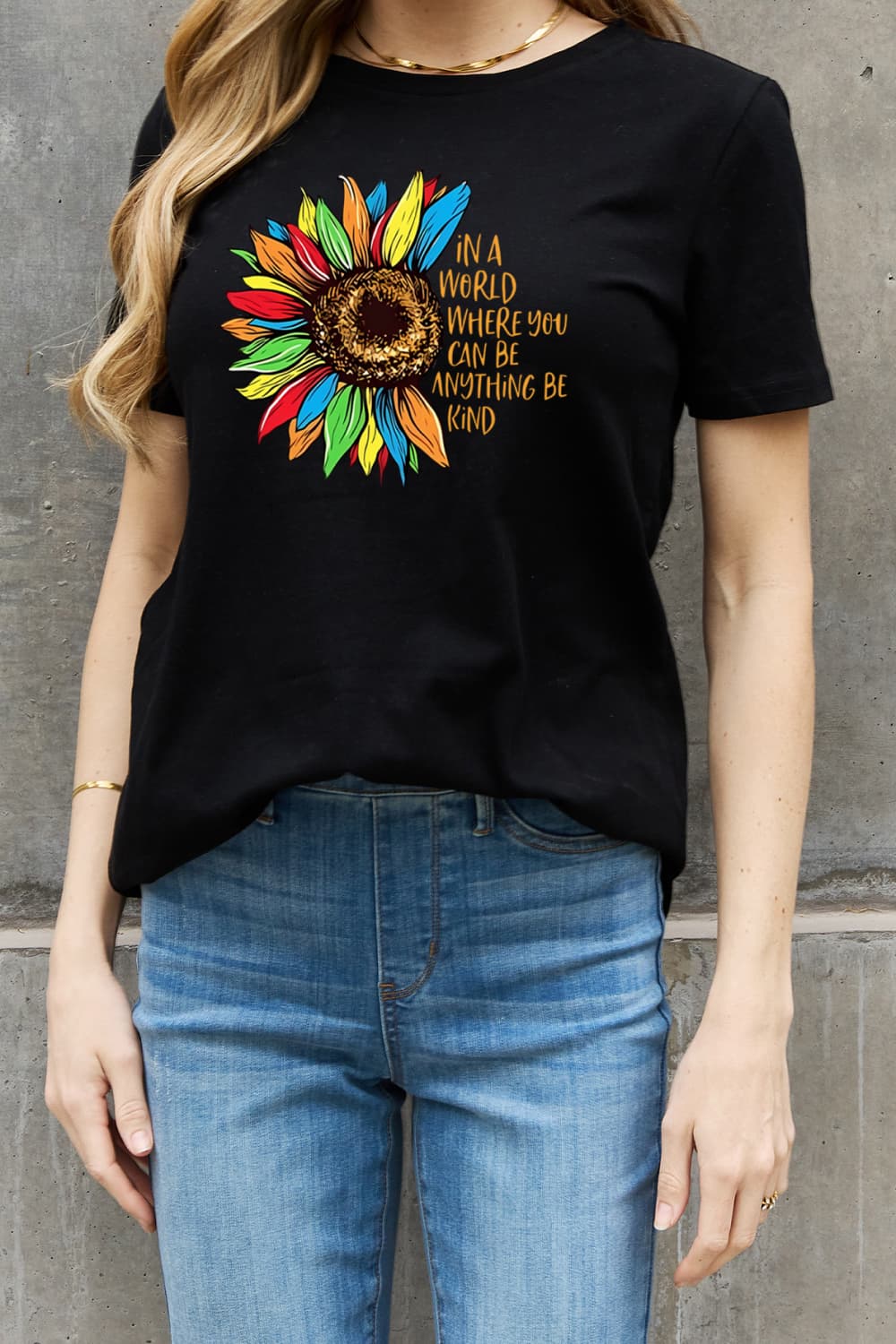 simply love full size flower slogan graphic cotton tee