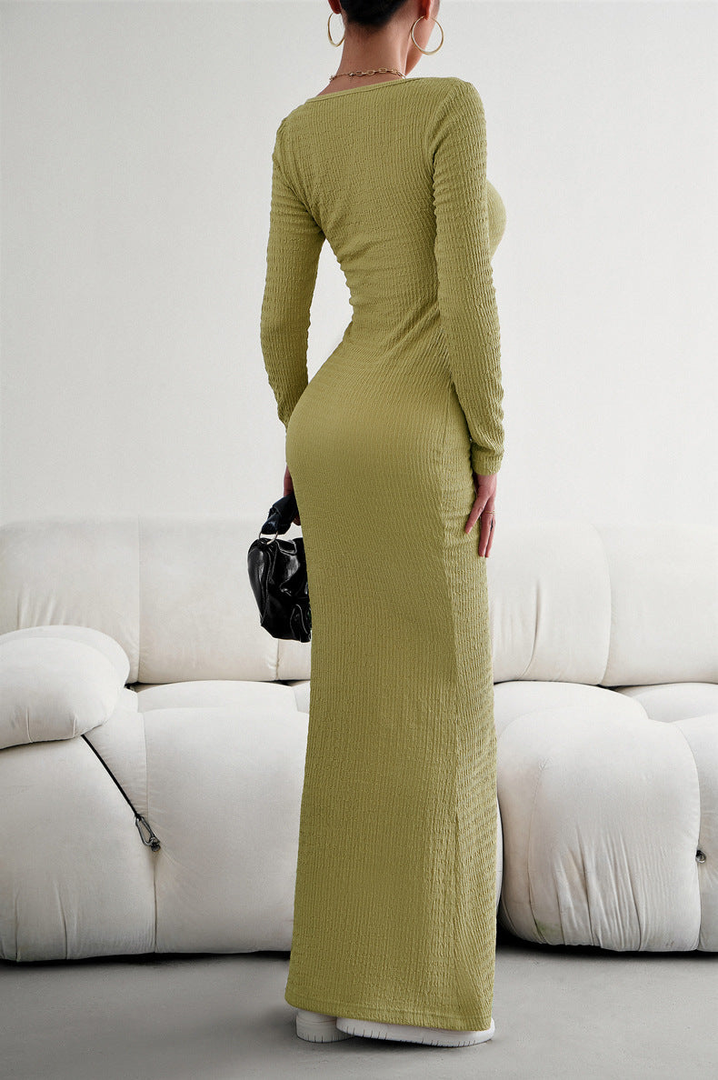 long sleeve square neck maxi bodycon dress