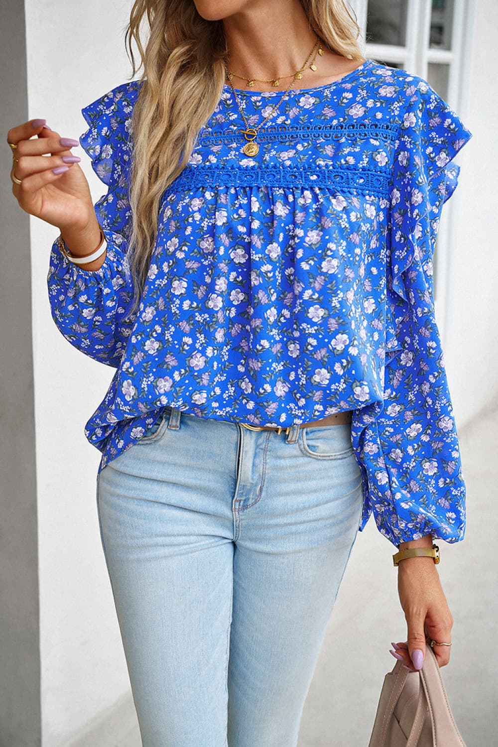 printed round neck long sleeve blouse