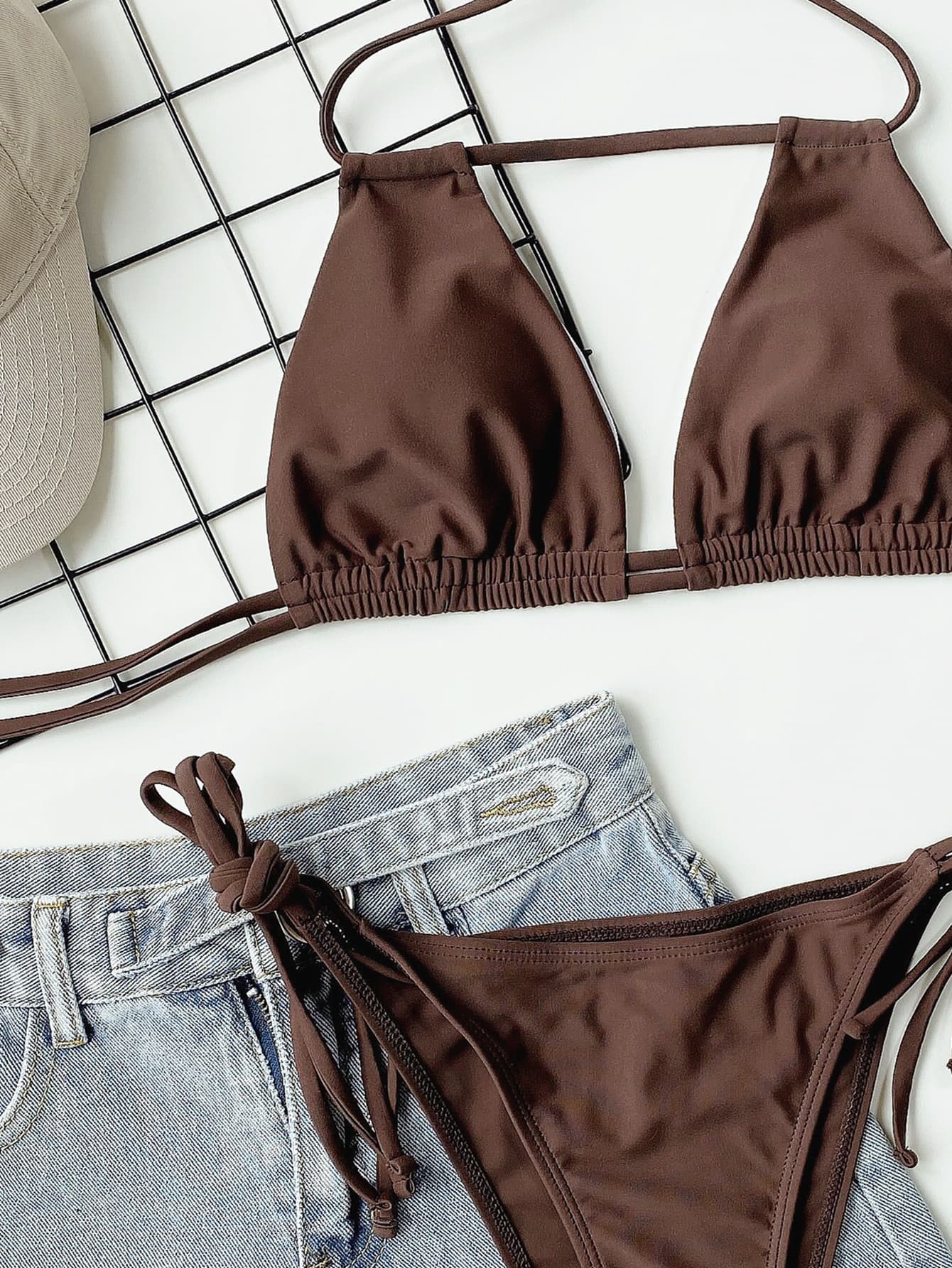 halter neck ruched bikini set