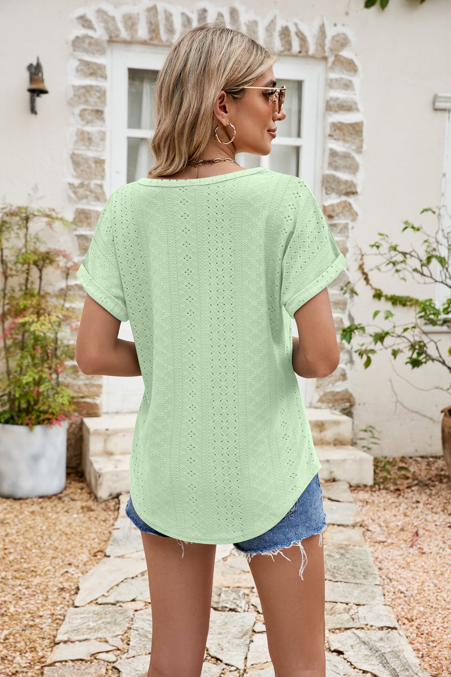 full size round neck eyelet short sleeve top