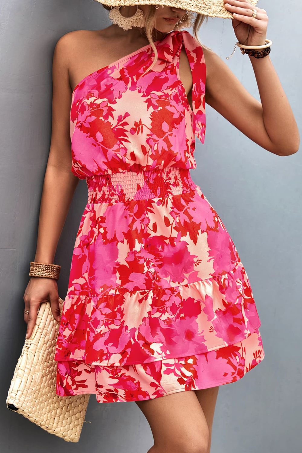 floral smocked waist tied one-shoulder dress