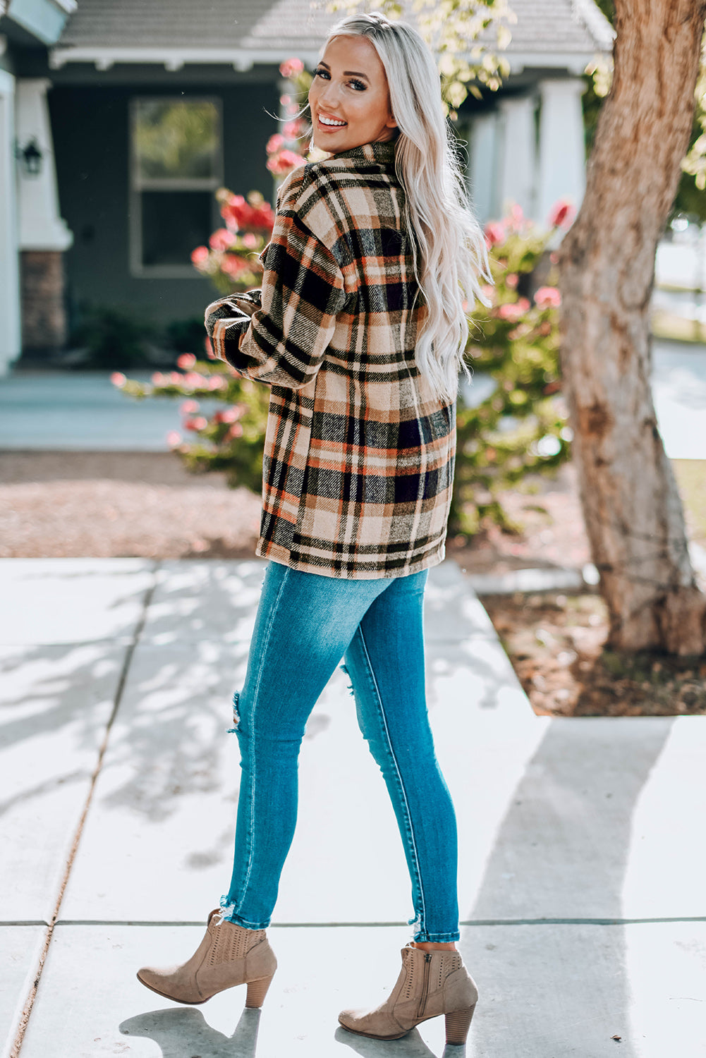 double take plaid button front shirt jacket with breast pockets