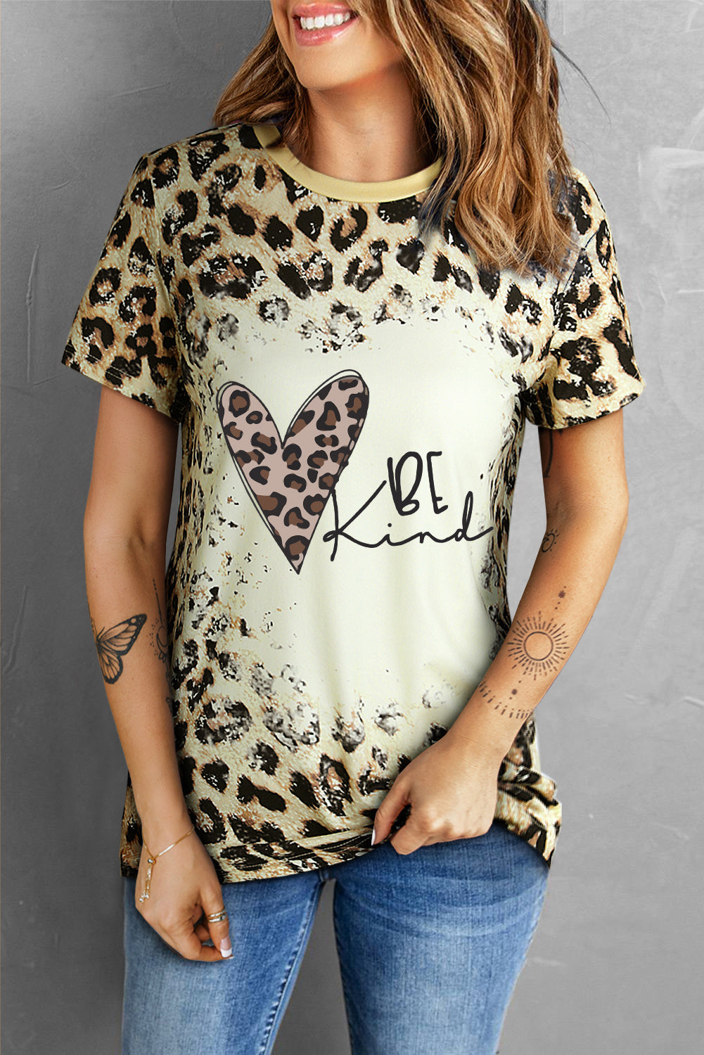 be kind heart graphic leopard round neck tee