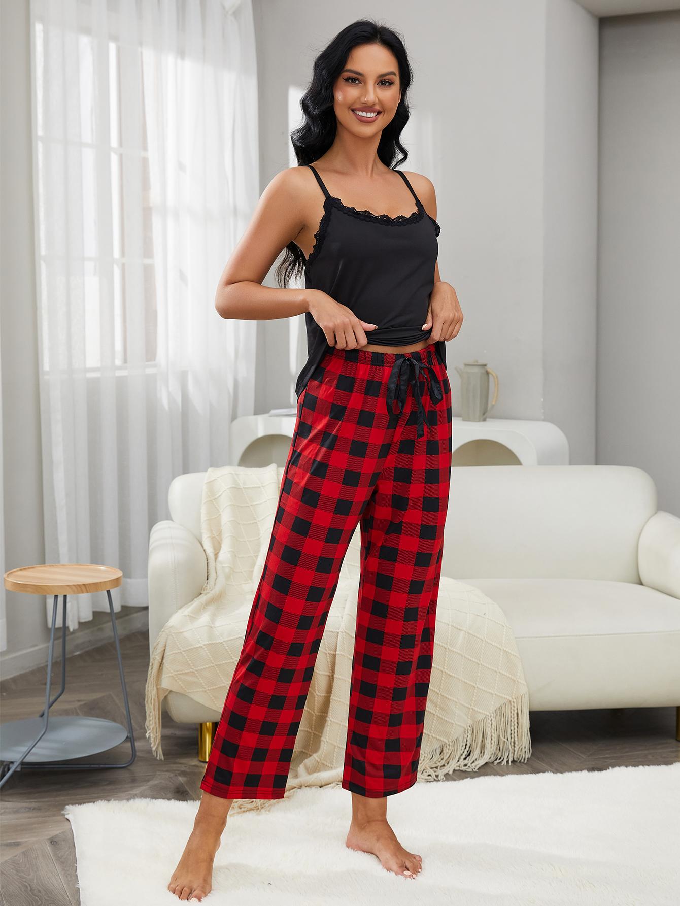 lace trim cami and plaid pants lounge set