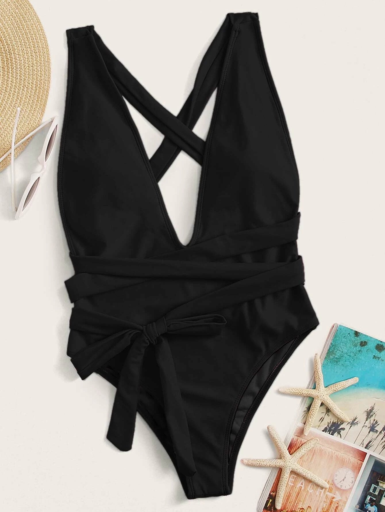 halter neck deep v tied one-piece swimsuit