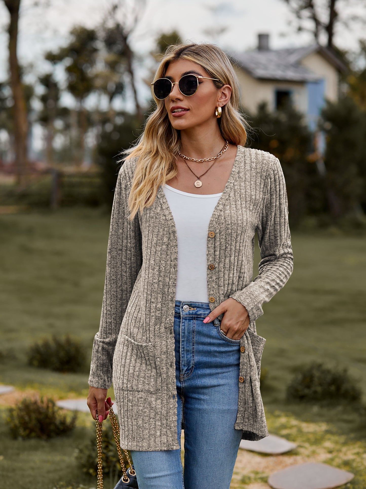 ribbed button-up cardigan with pockets