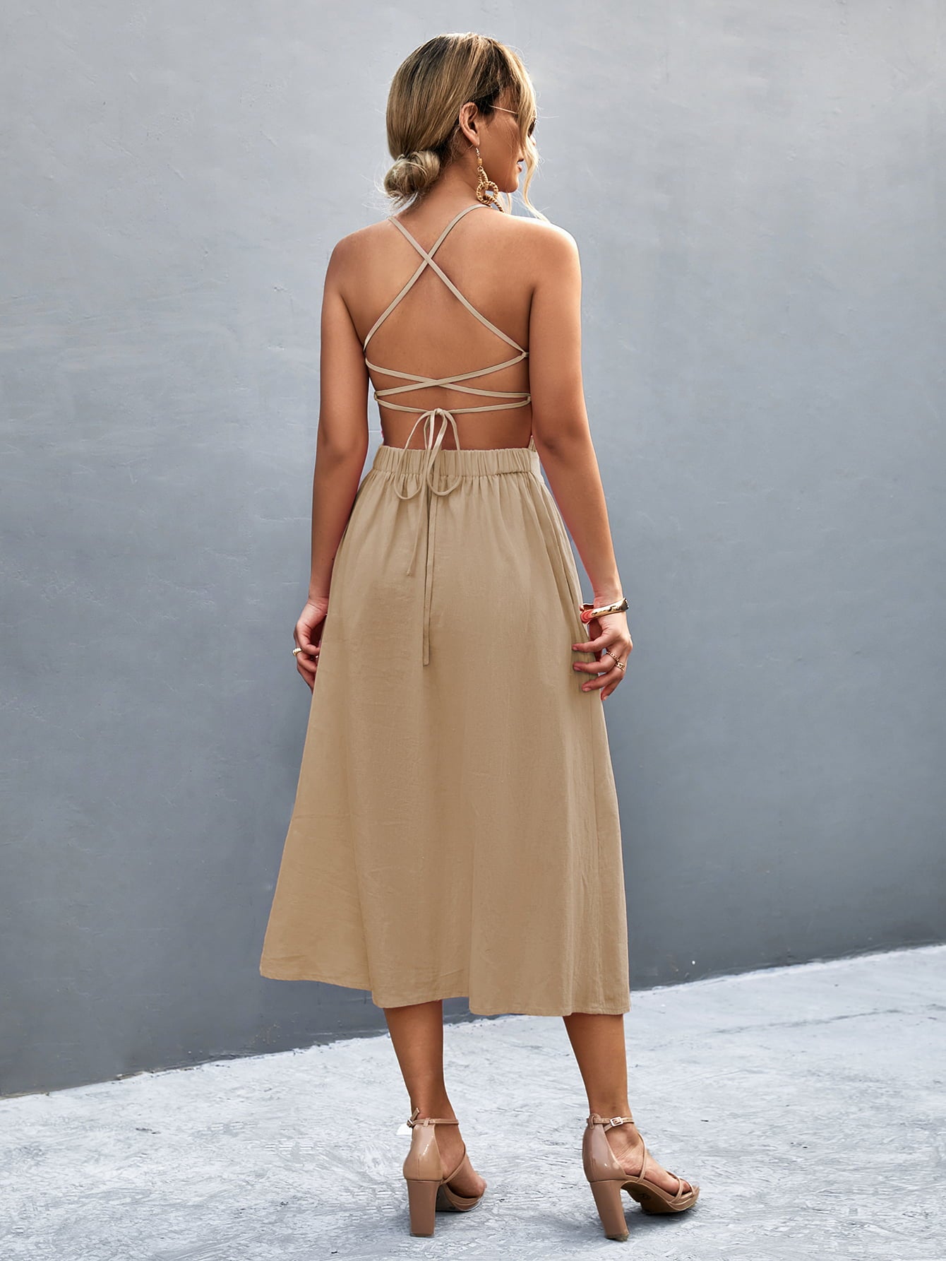 buttoned halter neck frill trim midi dress