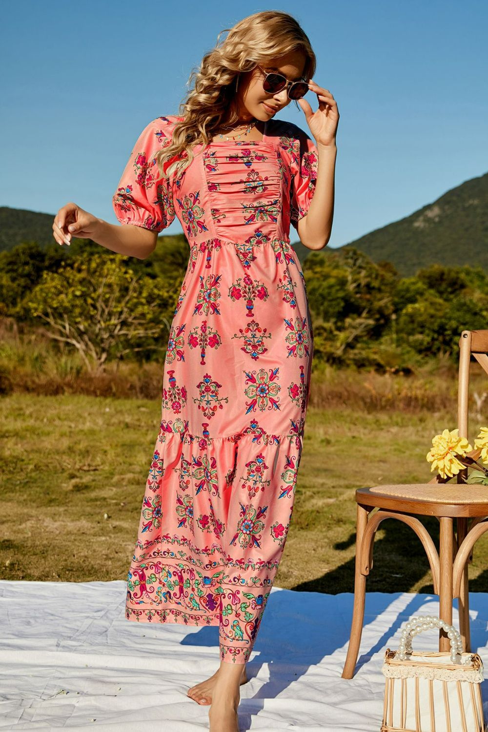 floral ruched puff sleeve tiered maxi dress