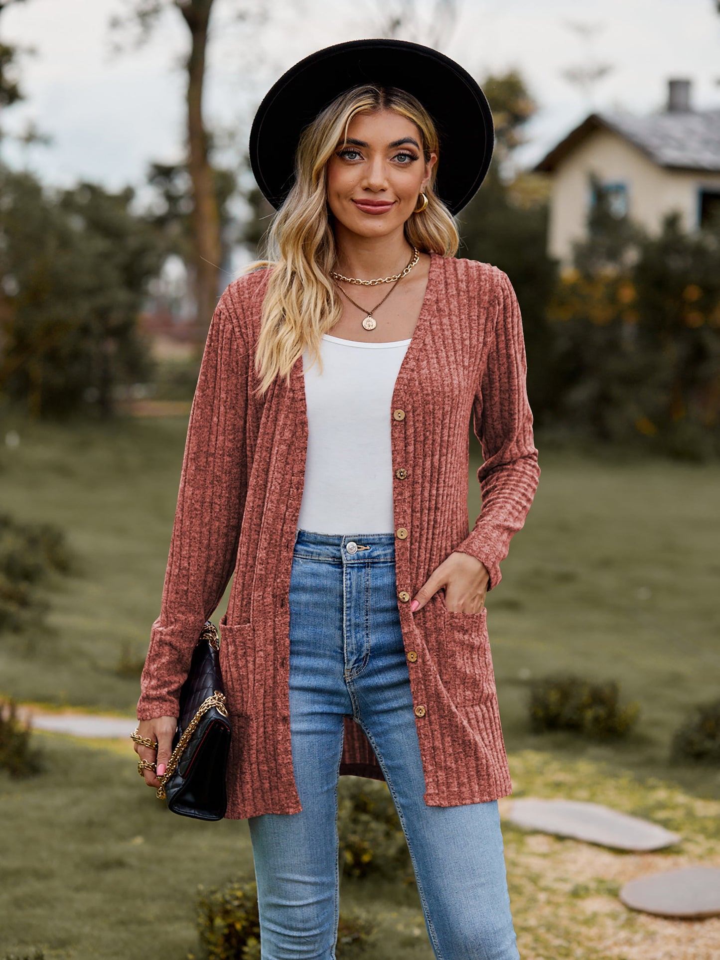 ribbed button-up cardigan with pockets