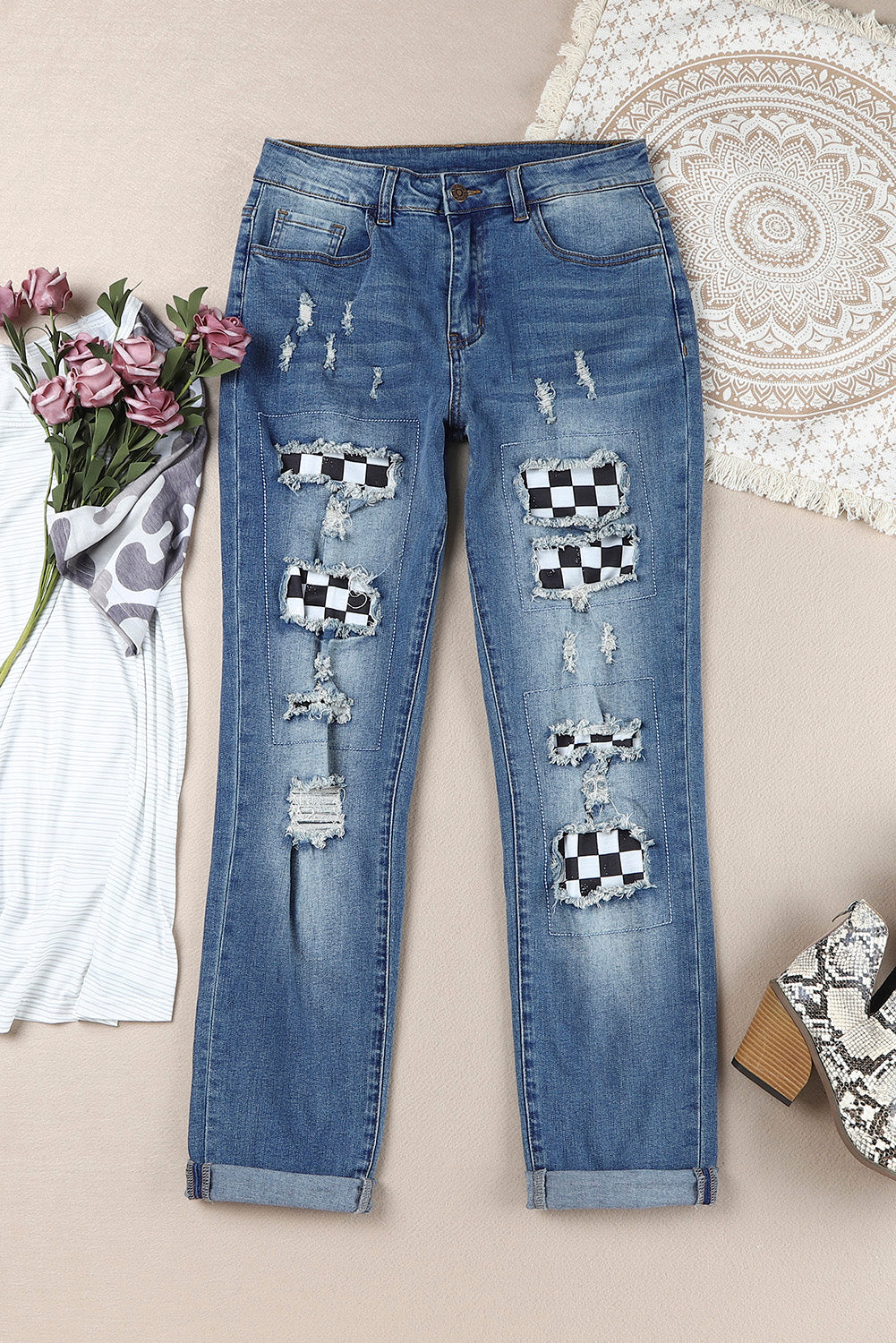 baeful checkered patchwork mid waist distressed jeans