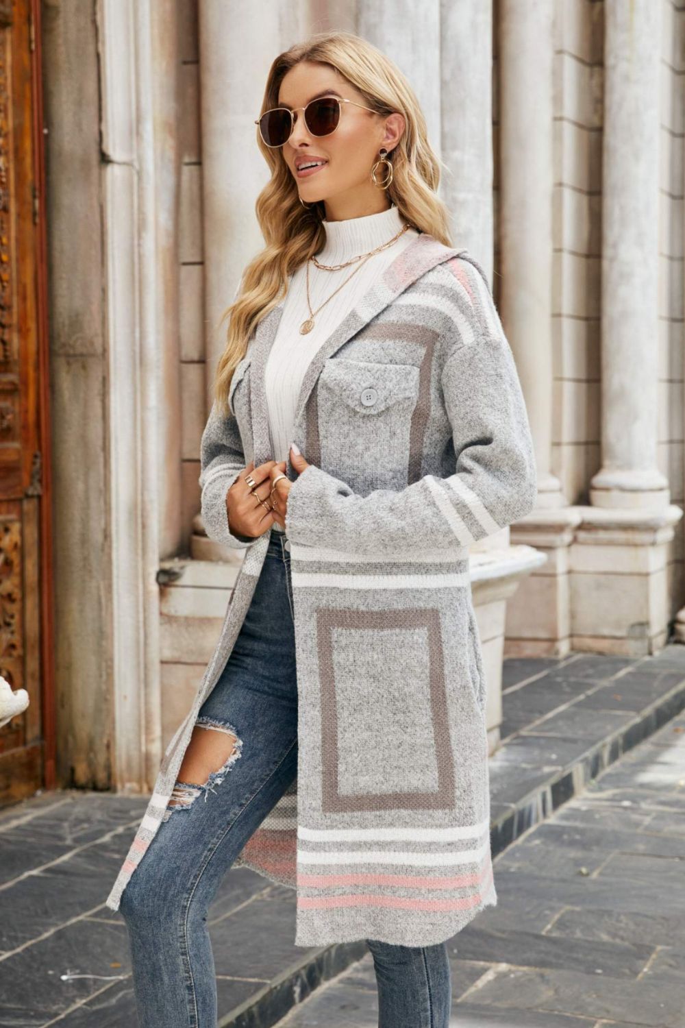 double take printed open front hooded longline cardigan