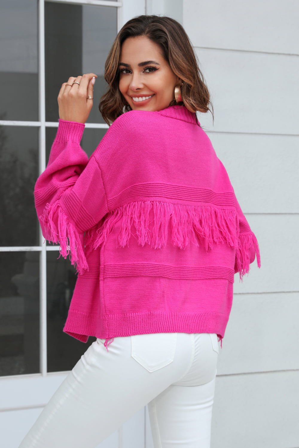 double take fringe trim open front cardigan