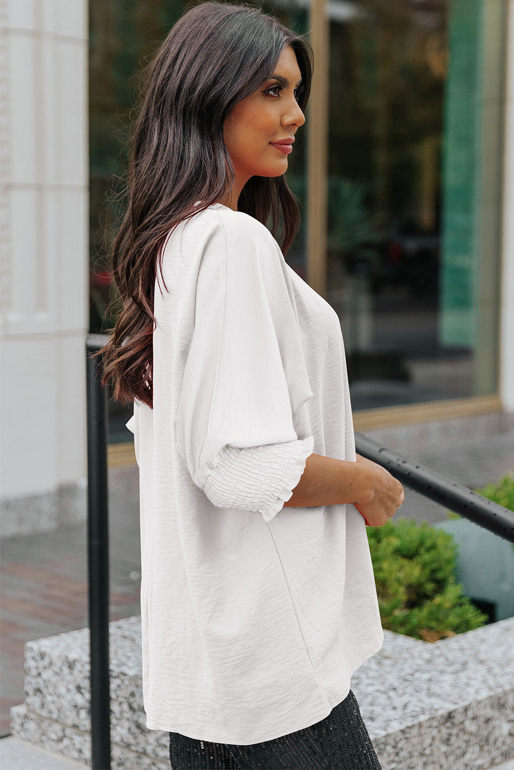 round neck dolman sleeve textured blouse