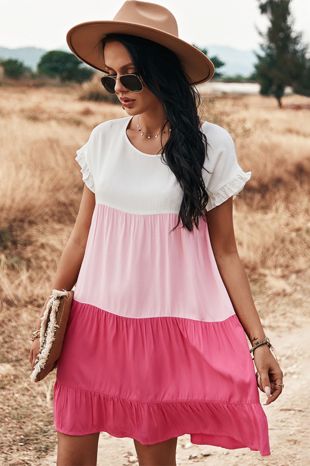 color block round neck tiered dress