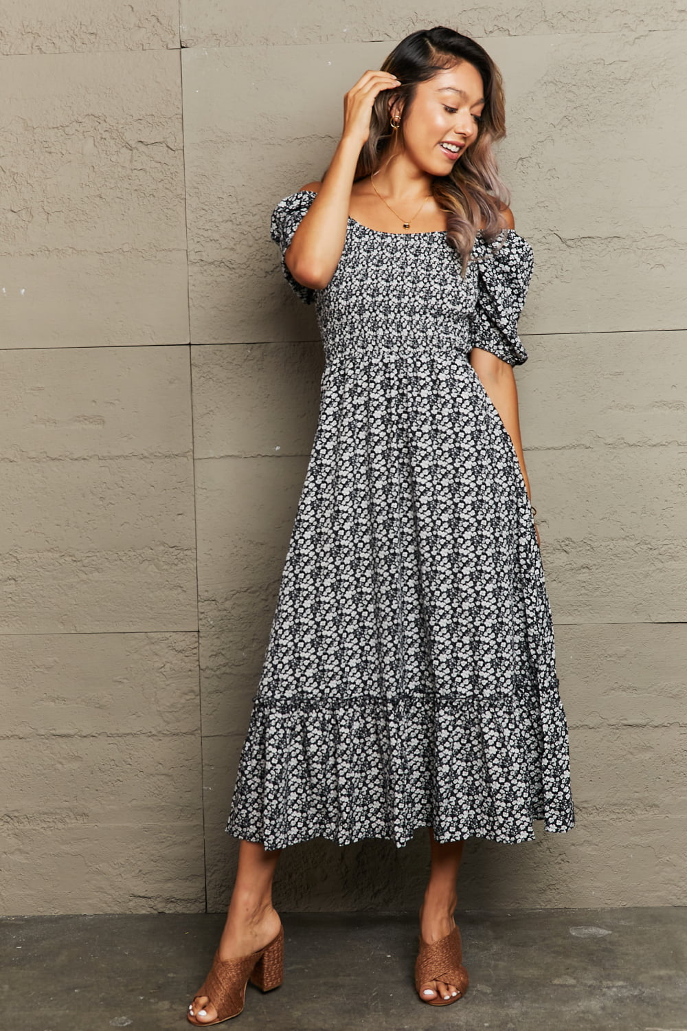 floral lace-up off-shoulder midi dress