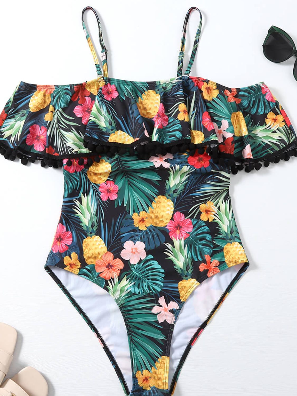 botanical print cold-shoulder one-piece swimsuit