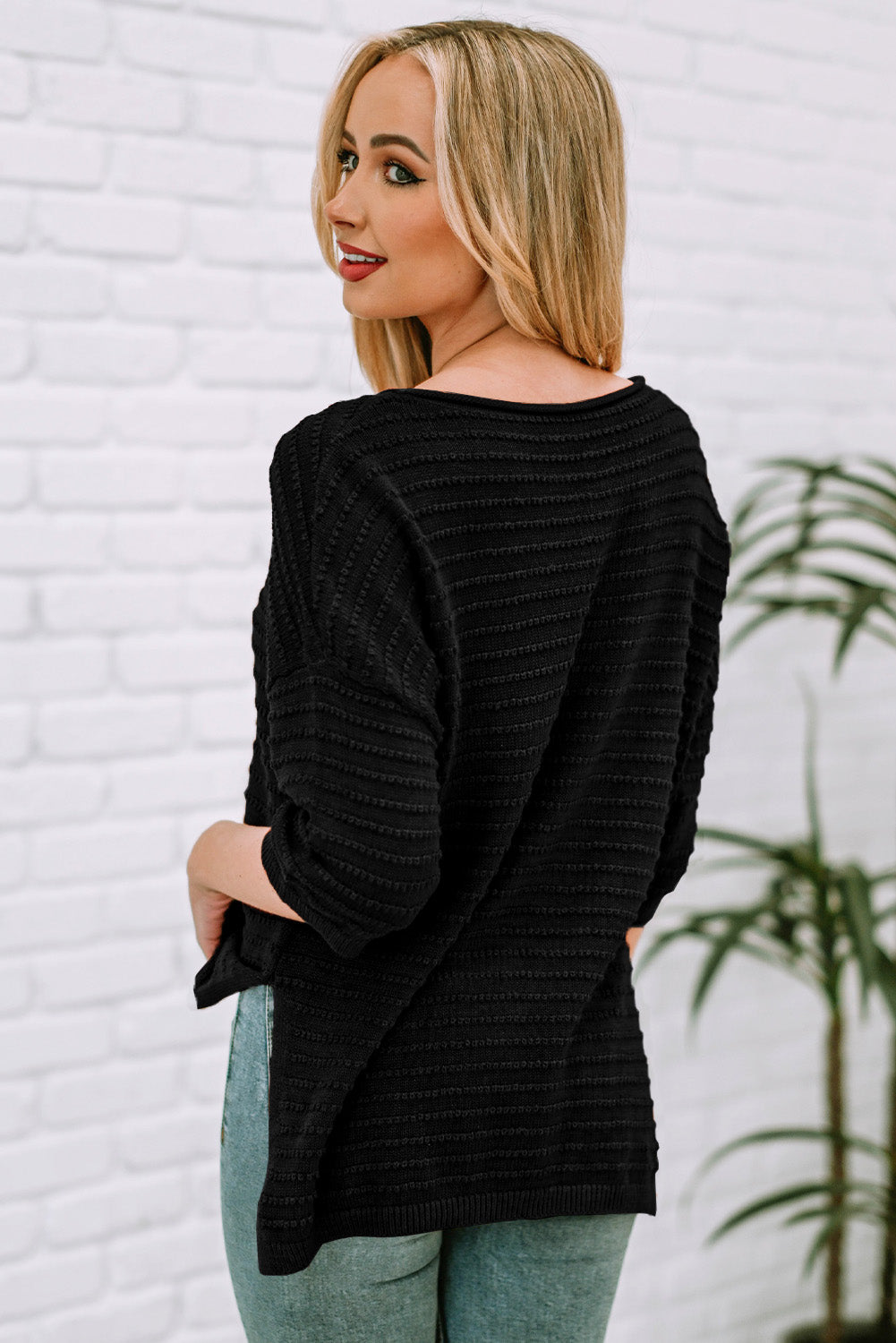 round neck dropped shoulder side slit pullover sweater