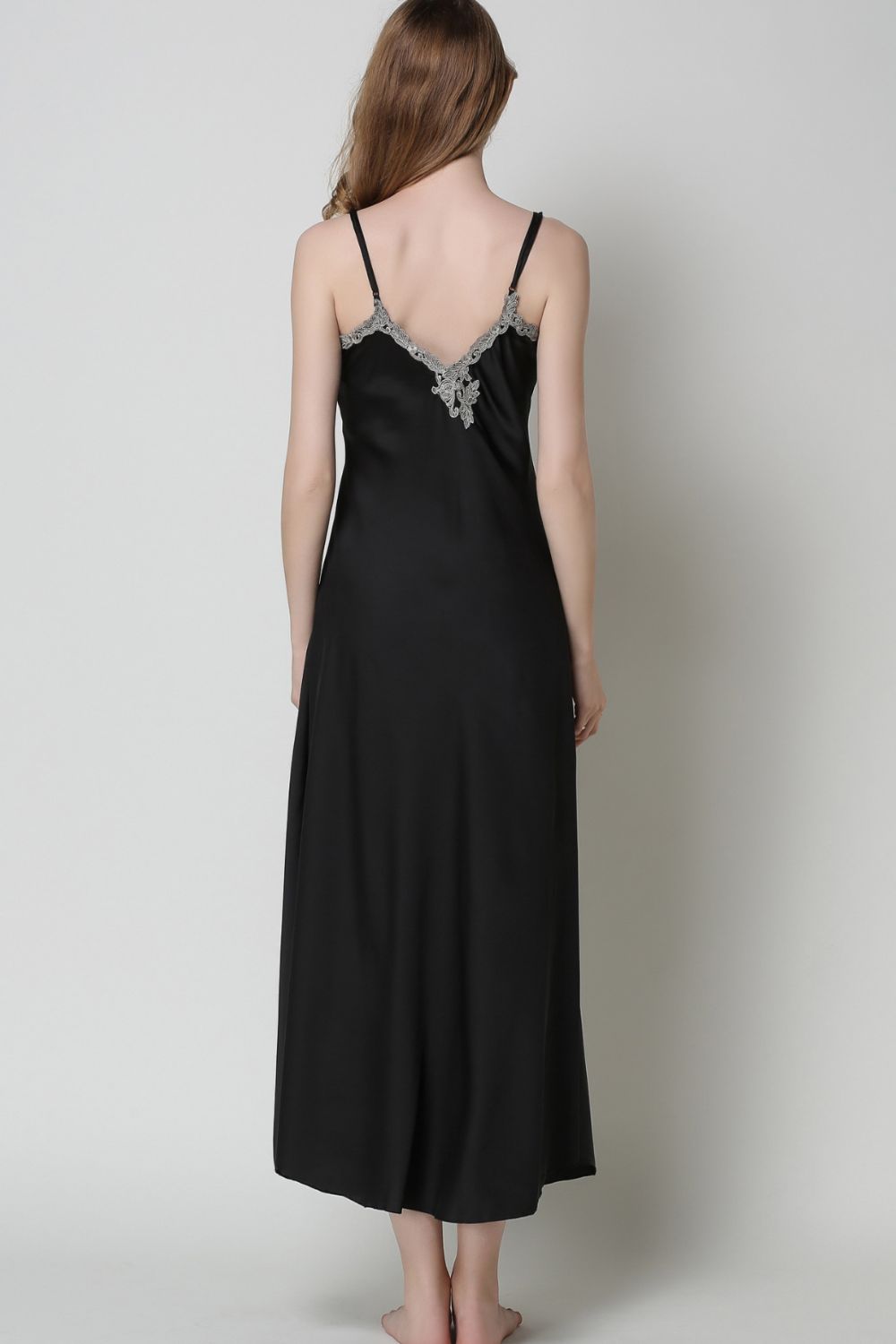 full size lace trim v-neck spaghetti strap satin night dress