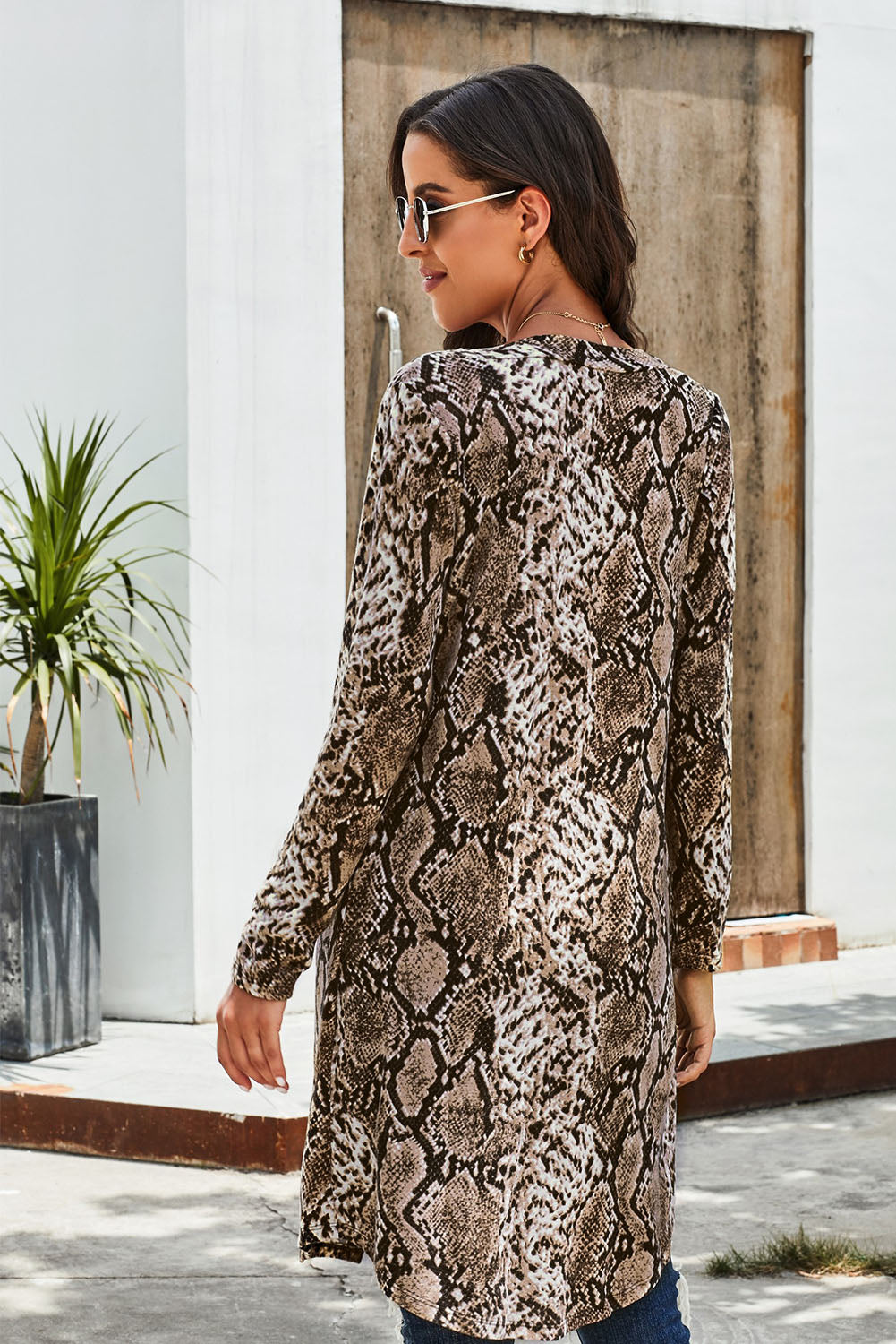 double take printed open front longline cardigan