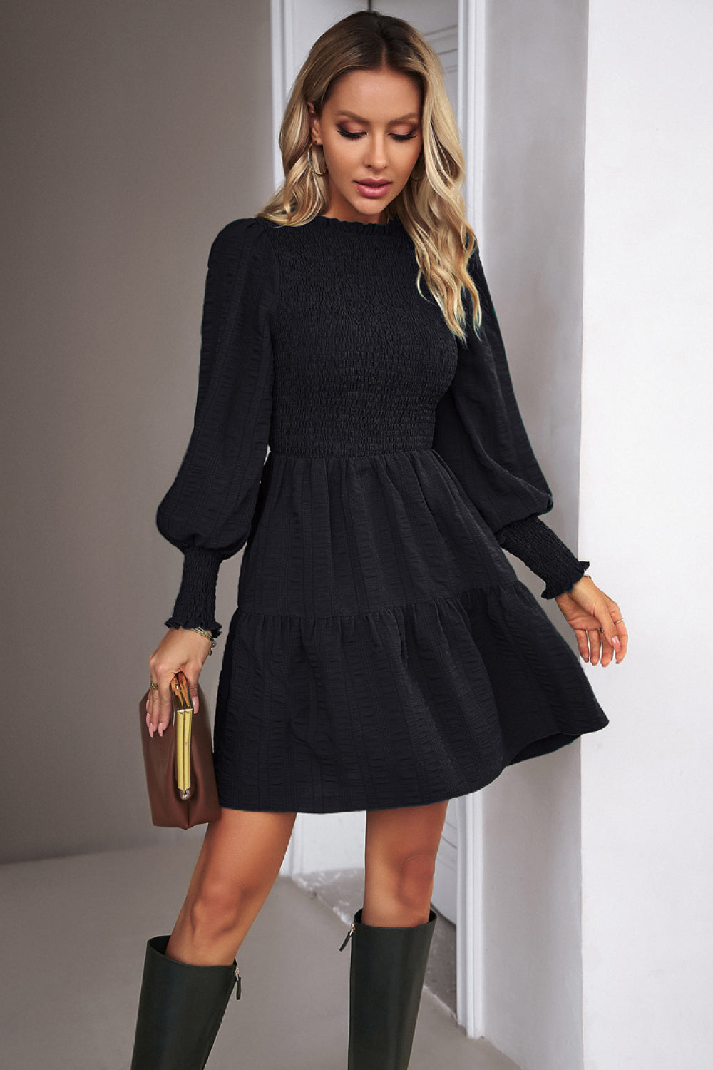 smocked lantern sleeve mini dress