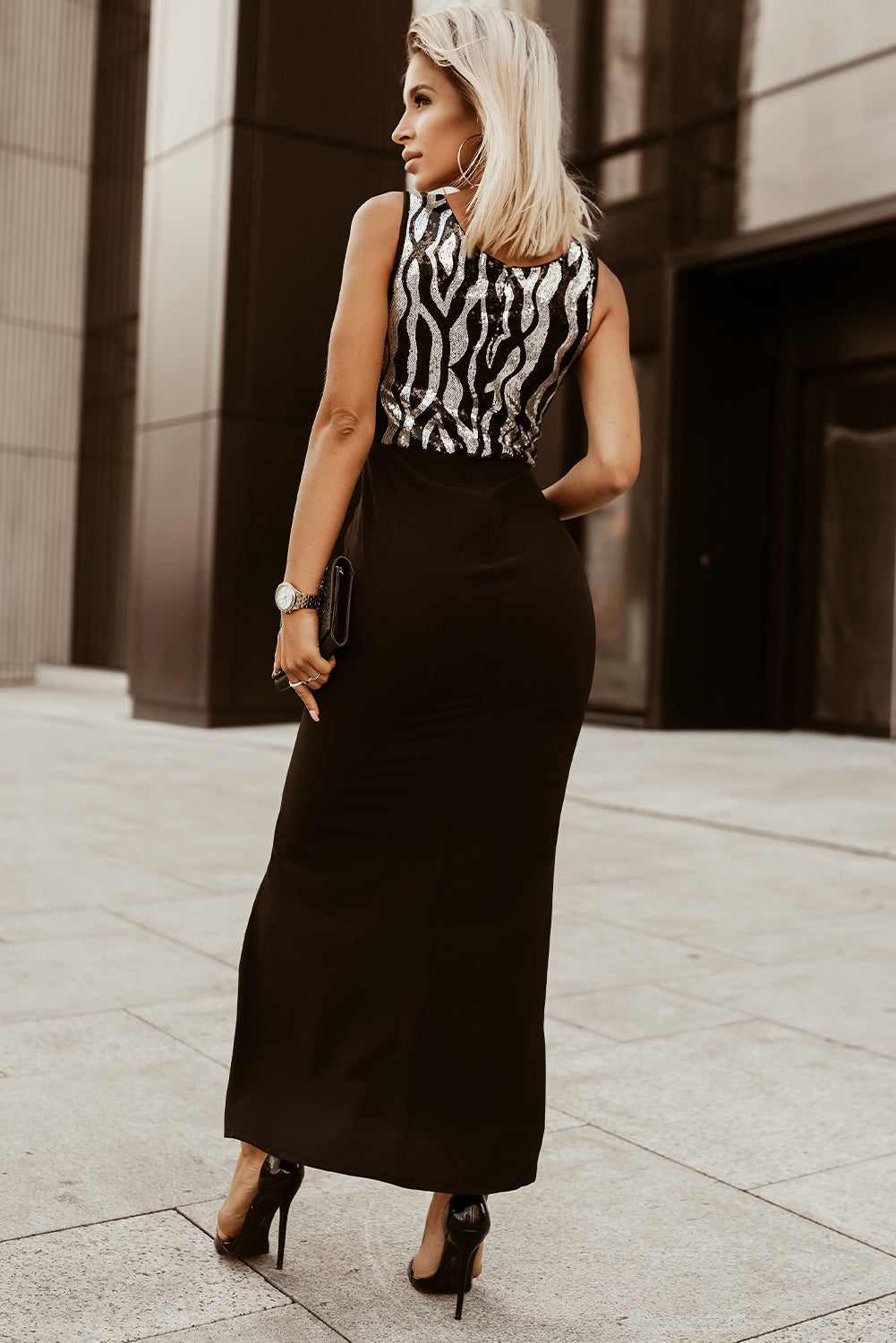 two-tone sequin sleeveless plunge maxi dress