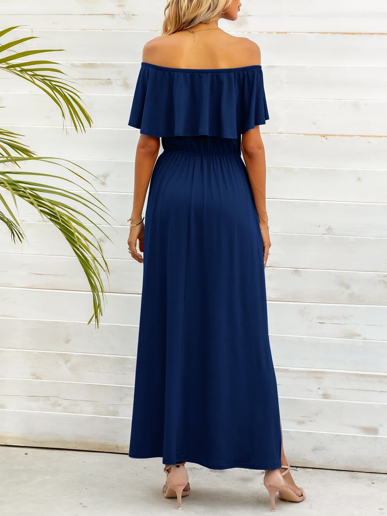 off-shoulder slit maxi dress