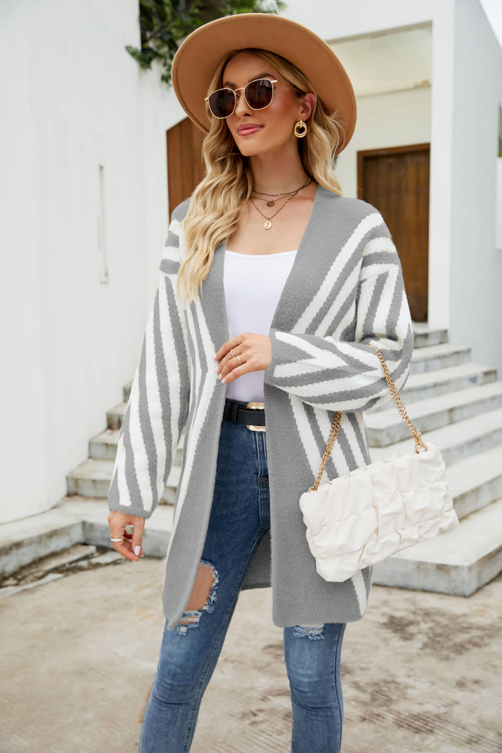 woven right two-tone open front fuzzy longline cardigan