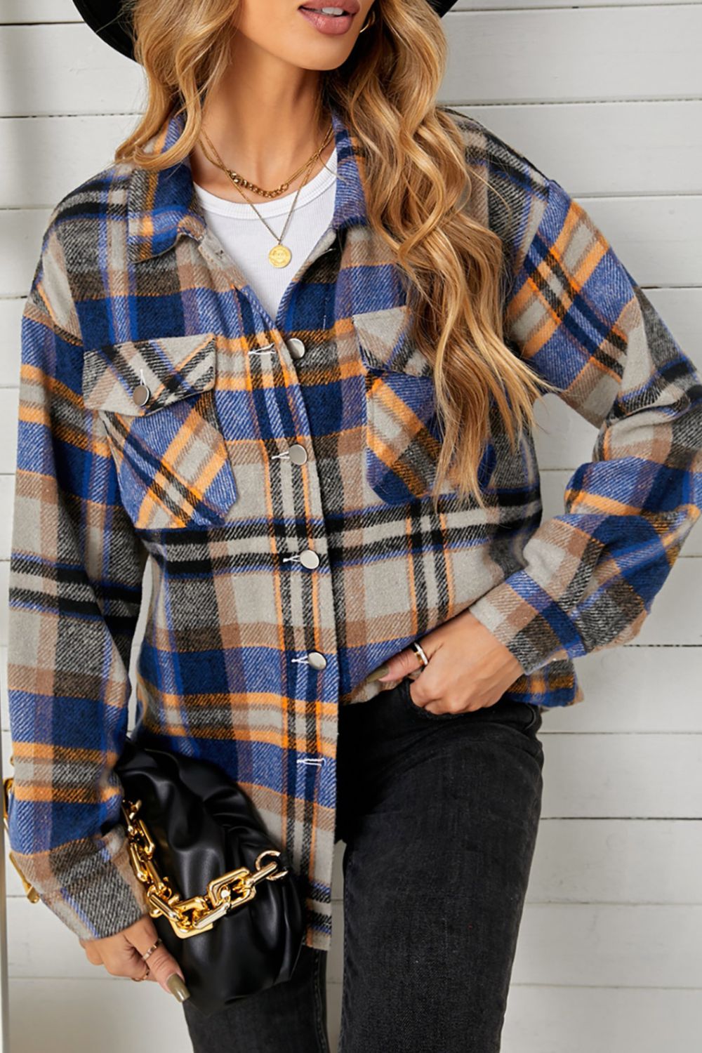 plaid pocketed button down shacket