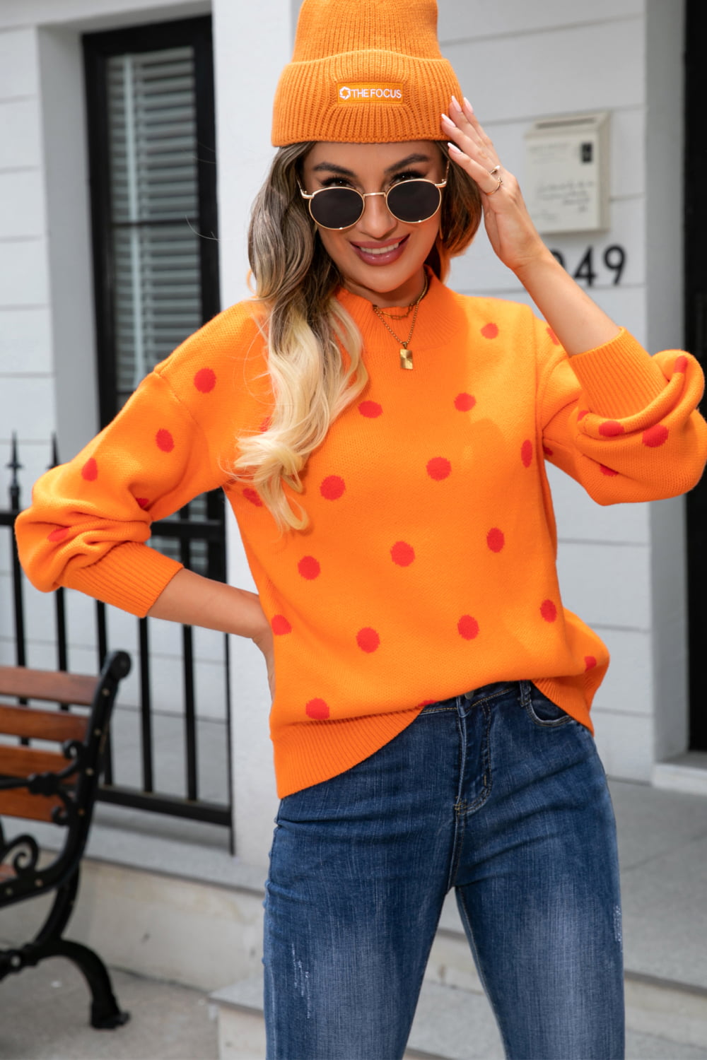 woven right polka dot round neck dropped shoulder sweater