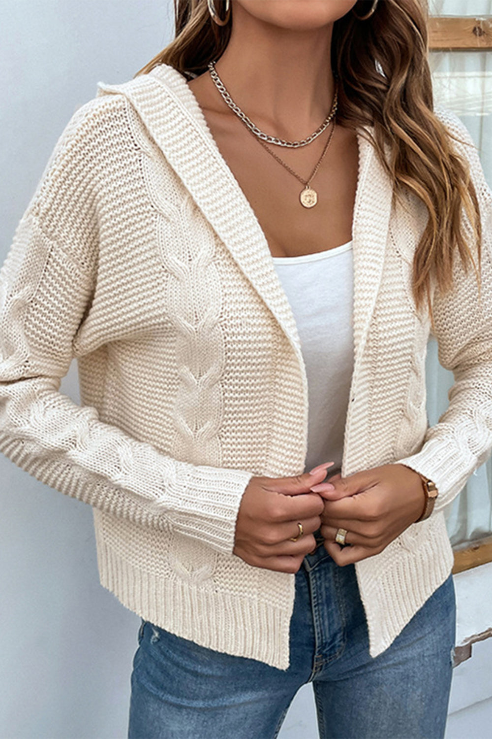 cable-knit dropped shoulder hooded cardigan