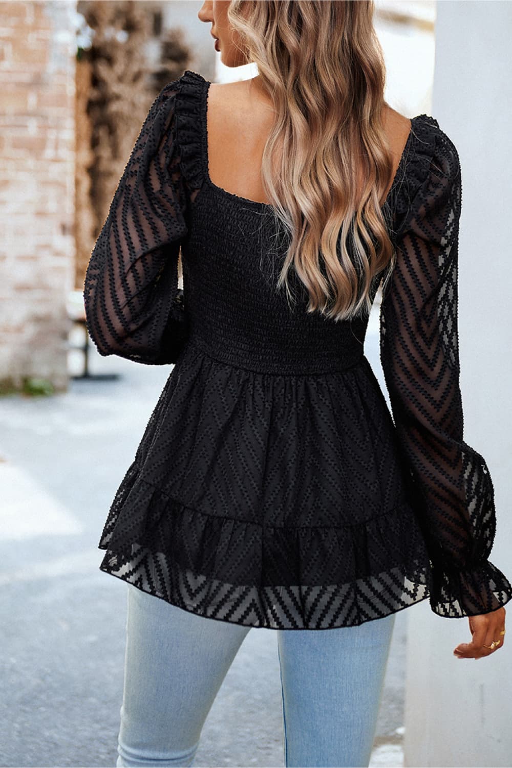 square neck flounce sleeve peplum top