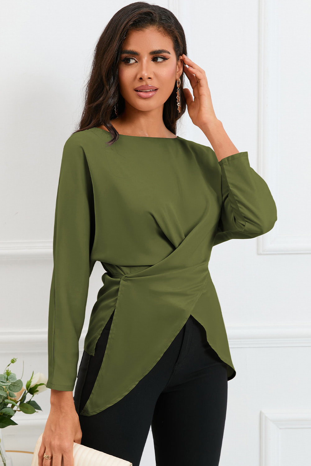boat neck back tie long sleeve satin blouse