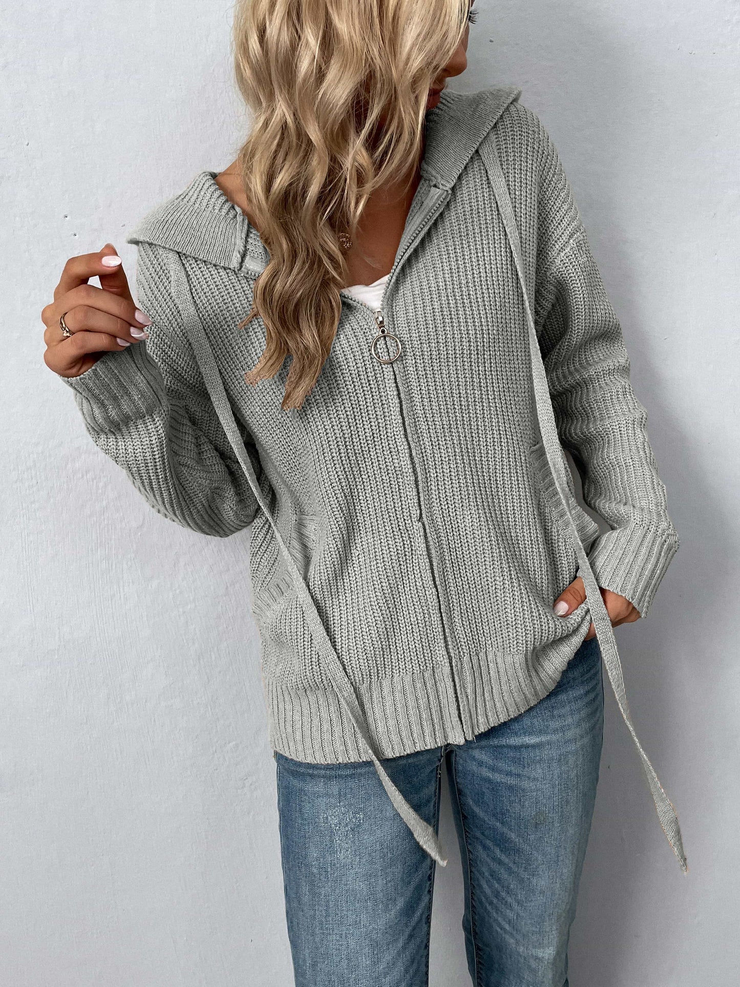 zip-up drawstring detail hooded cardigan