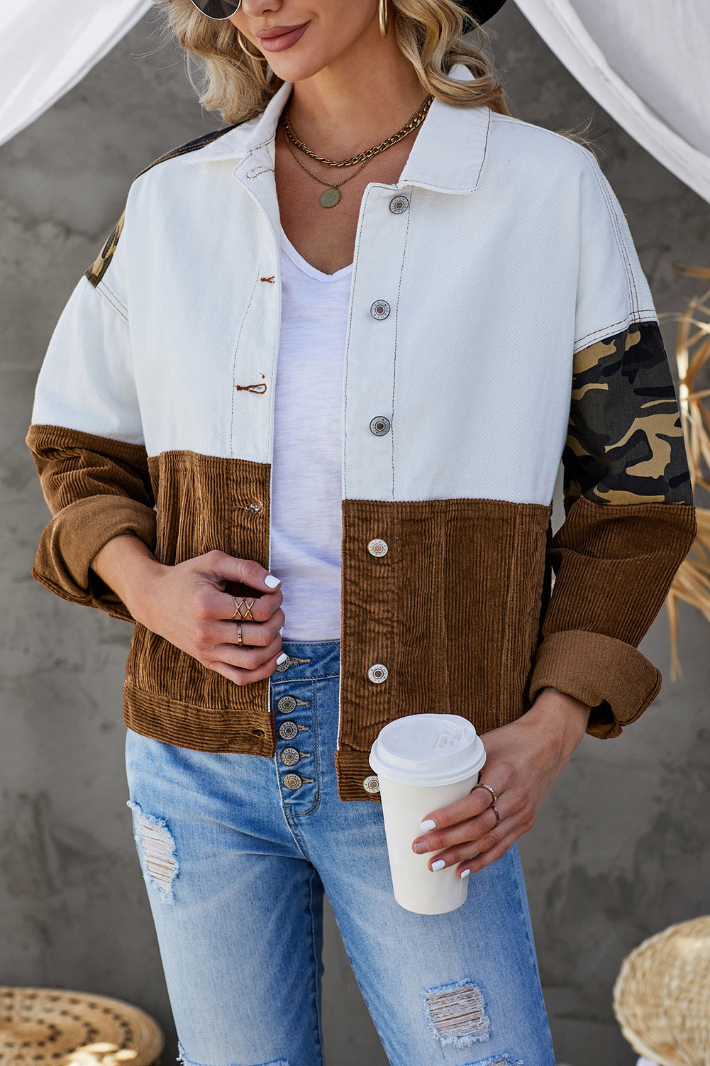 leopard color block button-up corduroy shacket