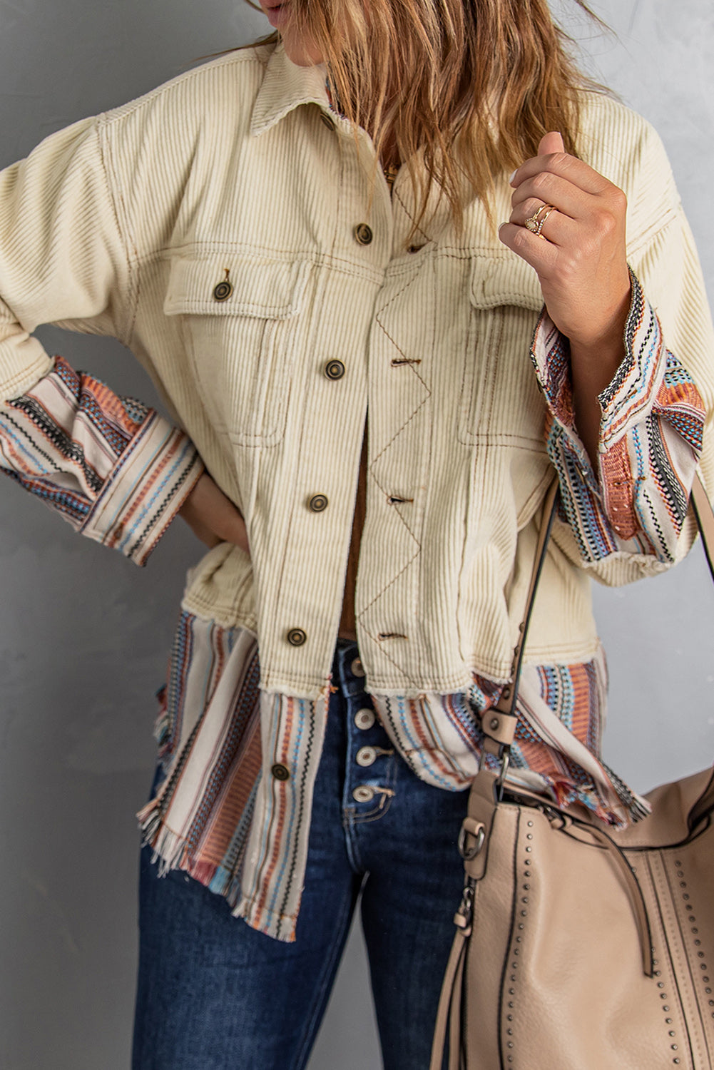 double take striped frayed hem corduroy jacket