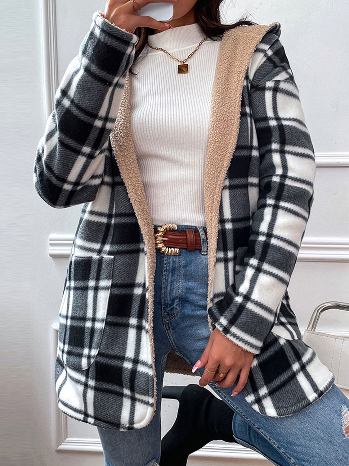 plaid hooded longline coat