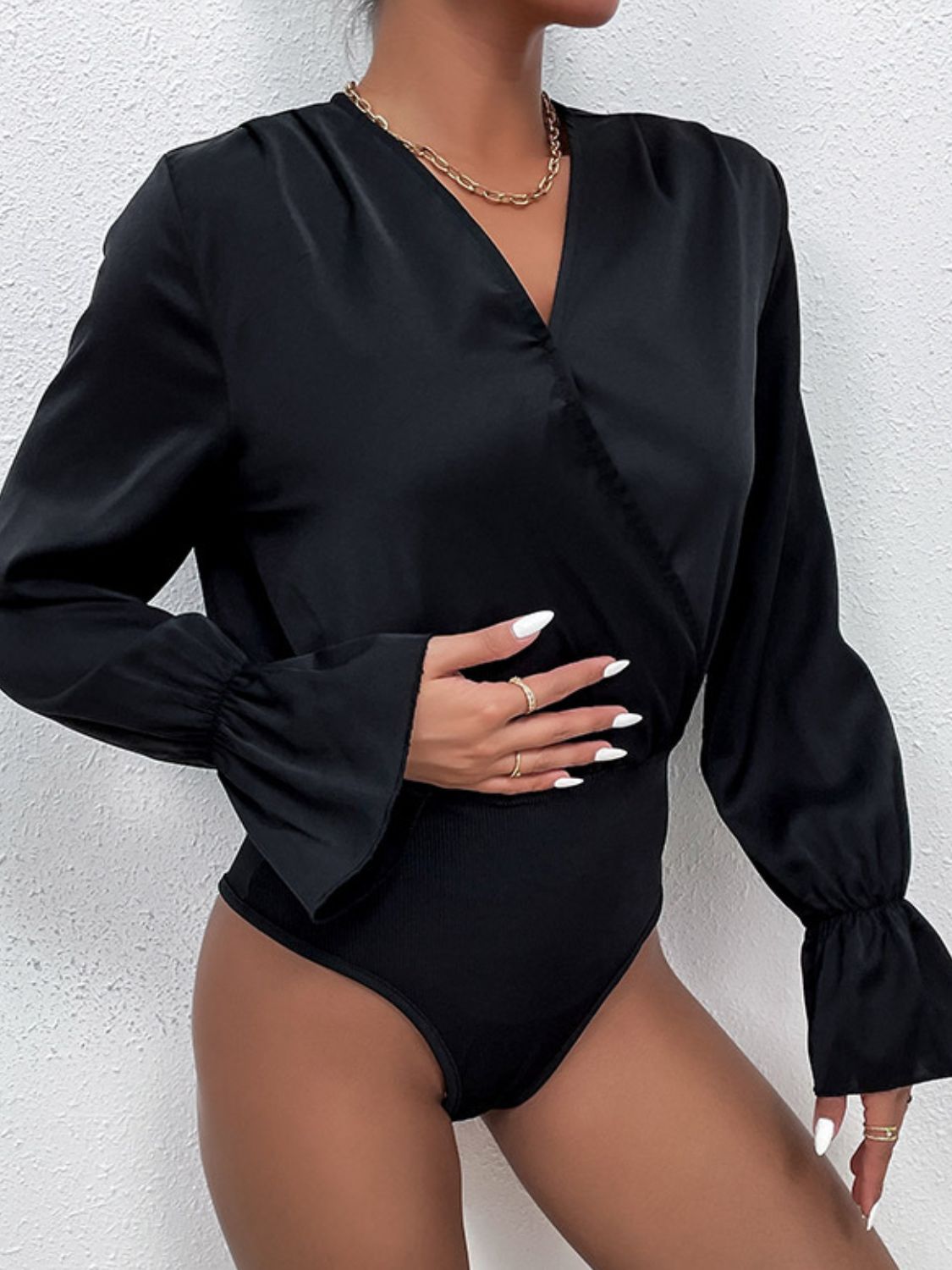 surplice neck flounce sleeve bodysuit