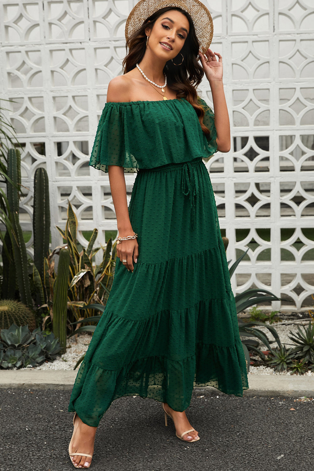 swiss dot off-shoulder tiered maxi dress