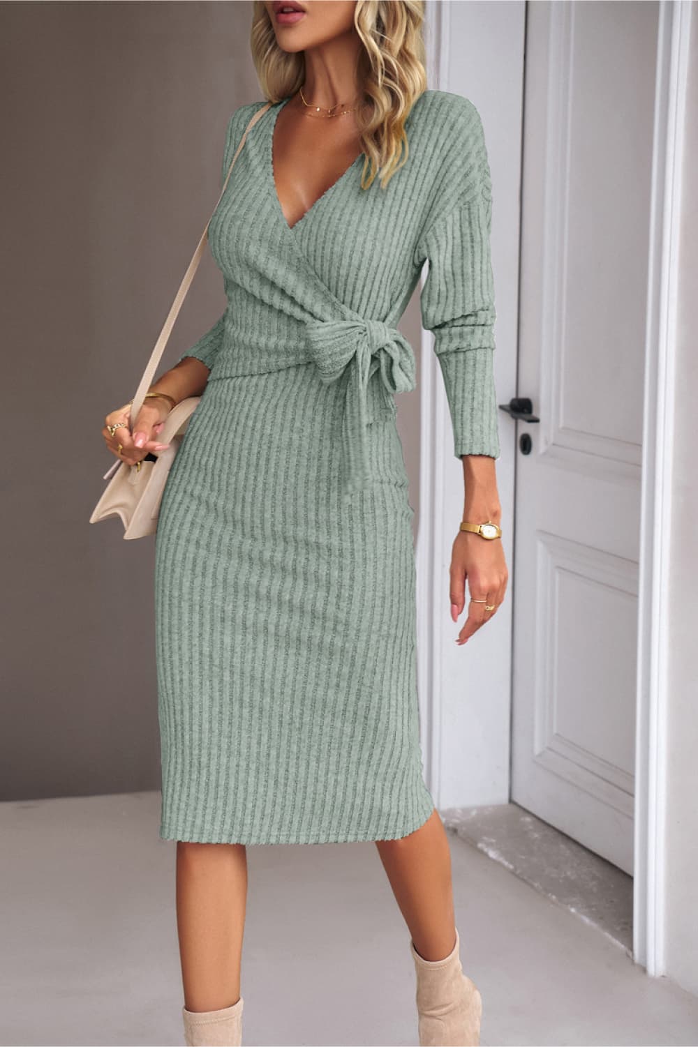 surplice neck tied ribbed dress