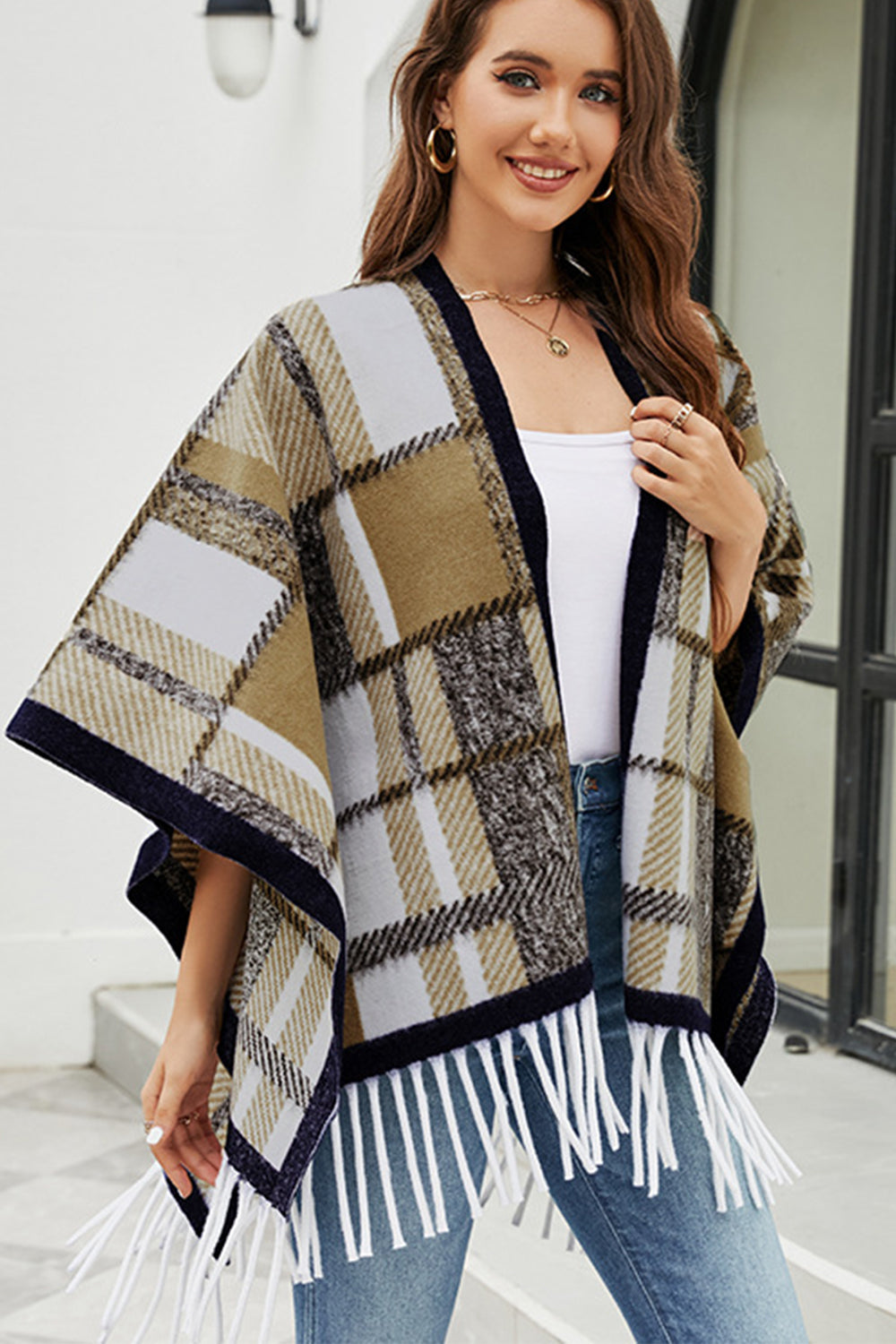 cloak sleeve fringe detail poncho