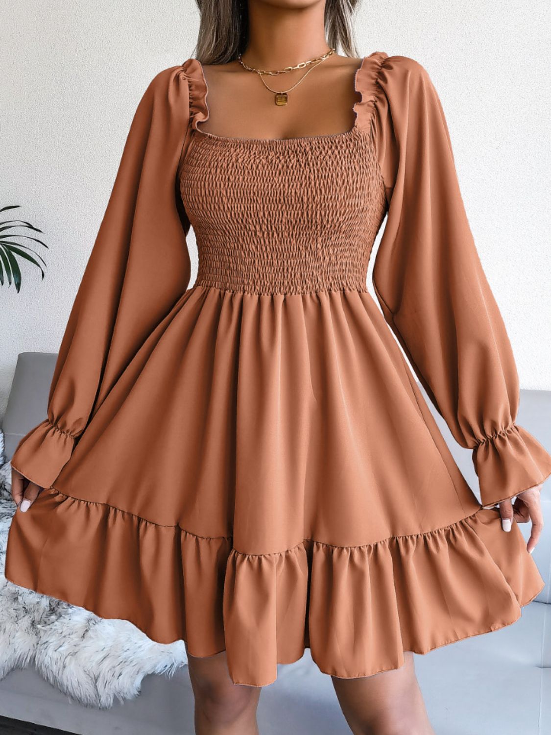 smocked flounce sleeve square neck dress